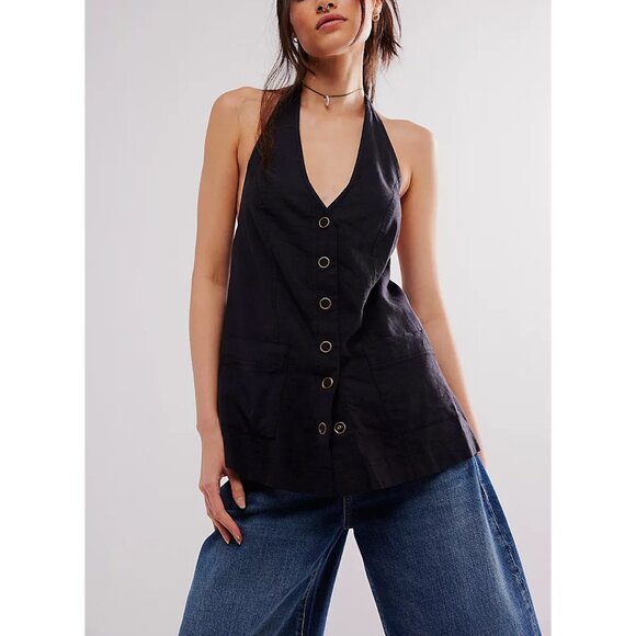 Free People Tops - FREE PEOPLE Scout Linen Halter Top / Black